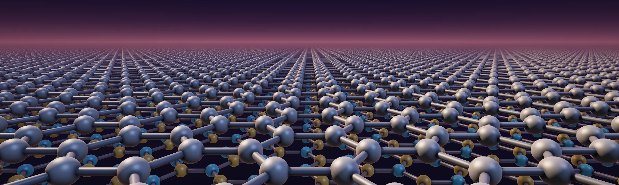 Ray-traced graphene sheet receding to the horizon, 3.33 Å above a slightly larger hexagonal boron nitride lattice with alternating boron (amber) and nitrogen (blue) atoms