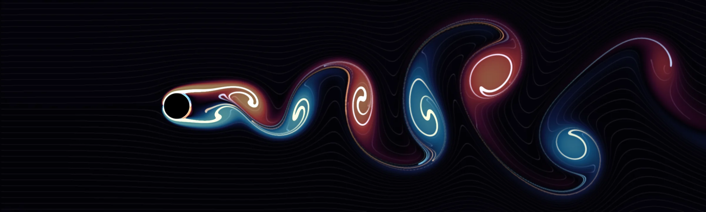 Lattice-Boltzmann simulation of flow past a cylinder, showing the vorticity and tracer streaklines of a Kármán vortex street