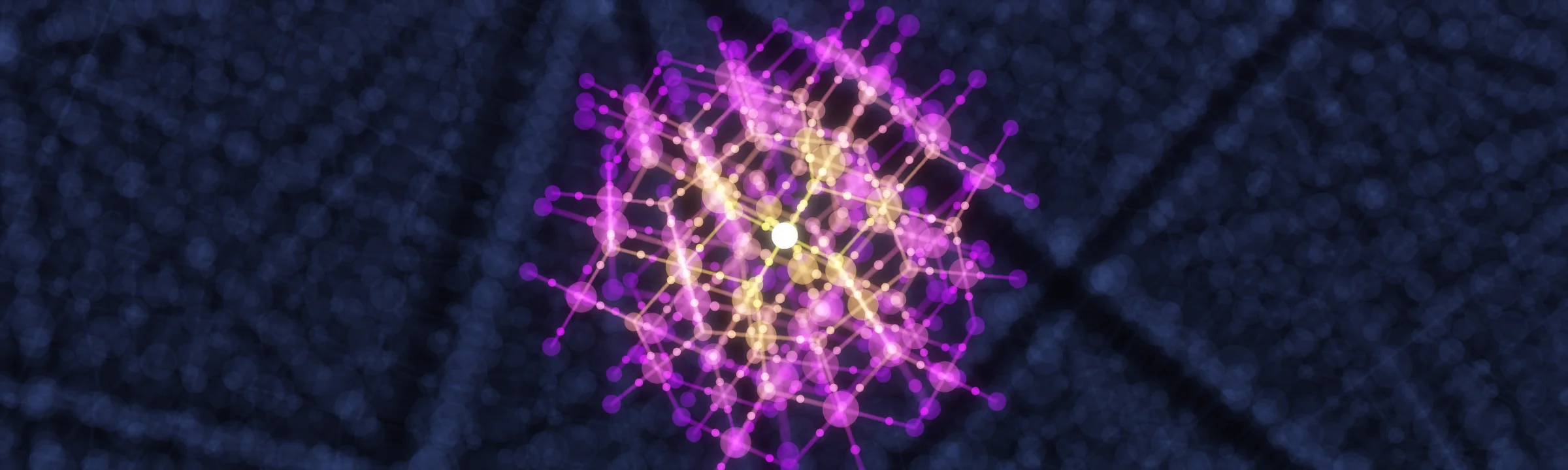 Message passing on the crystal graph of Bi₂Zr₂O₇ pyrochlore, one of the dielectrics from this thesis. Starting from a Zr atom, information spreads one chemical bond per step (yellow to violet), the way a graph neural network force field such as MACE gathers each atom's neighborhood before predicting its energy and forces.