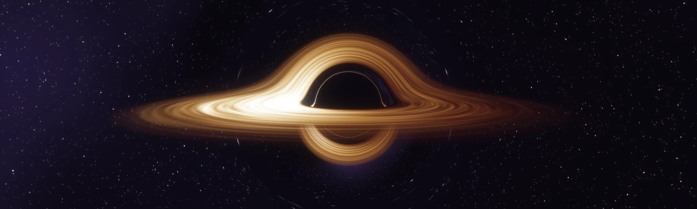 Ray-traced Schwarzschild black hole with a thin accretion disk, its far side lensed over and under the shadow, Doppler-brightened on the approaching side, in front of a lensed star field