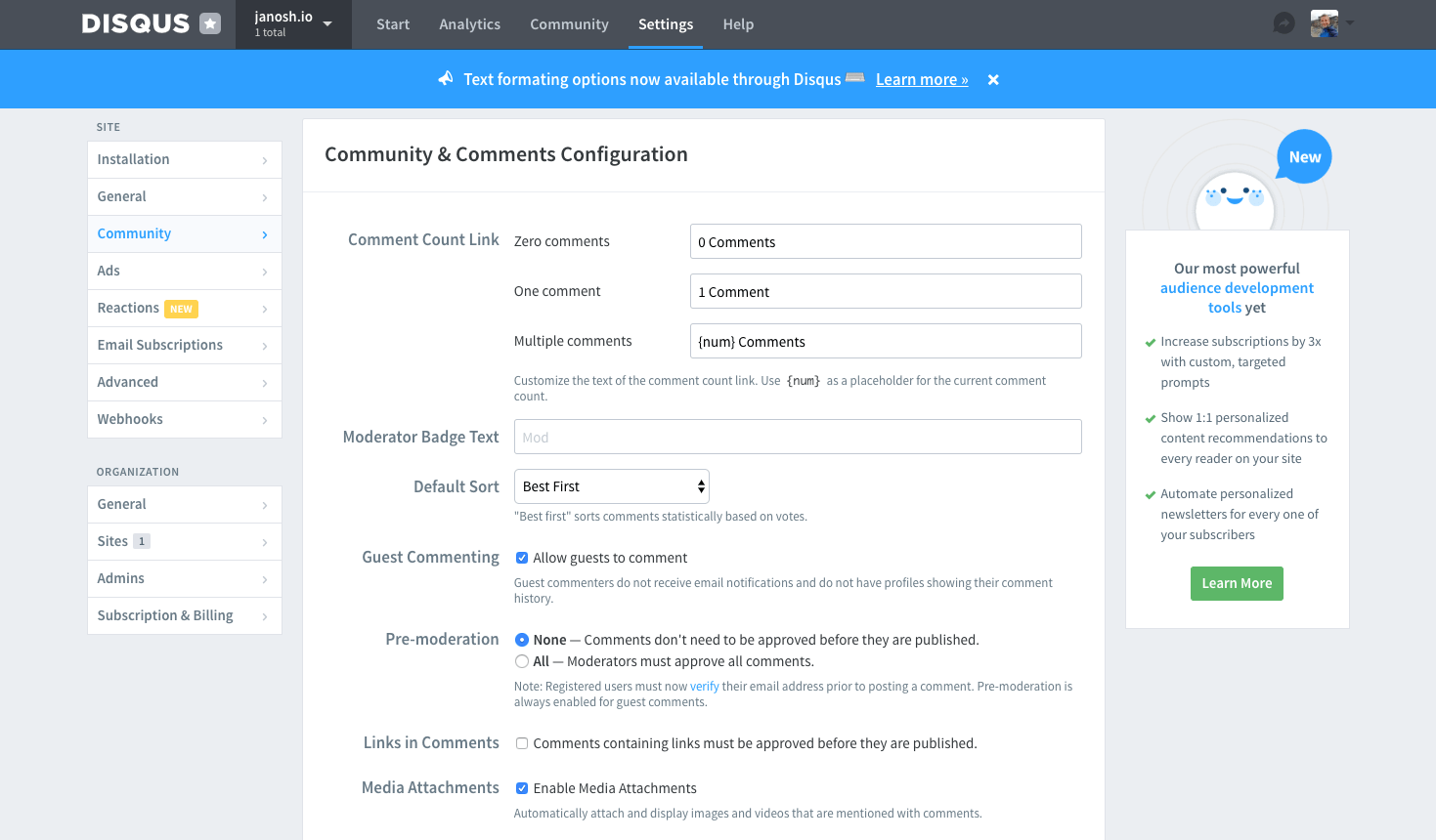Disqus community admin settings